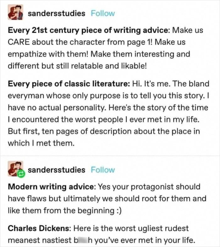 A Tumblr post comparing 21st-century writing advice to classic literature, highlighting different approaches to character development. Best Tumblr posts.