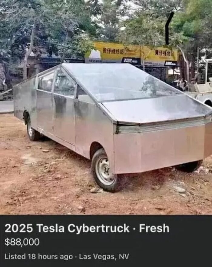 A screenshot from an online marketplace showing a crude, homemade replica advertised as a 2025 Tesla Cybertruck for $88,000.