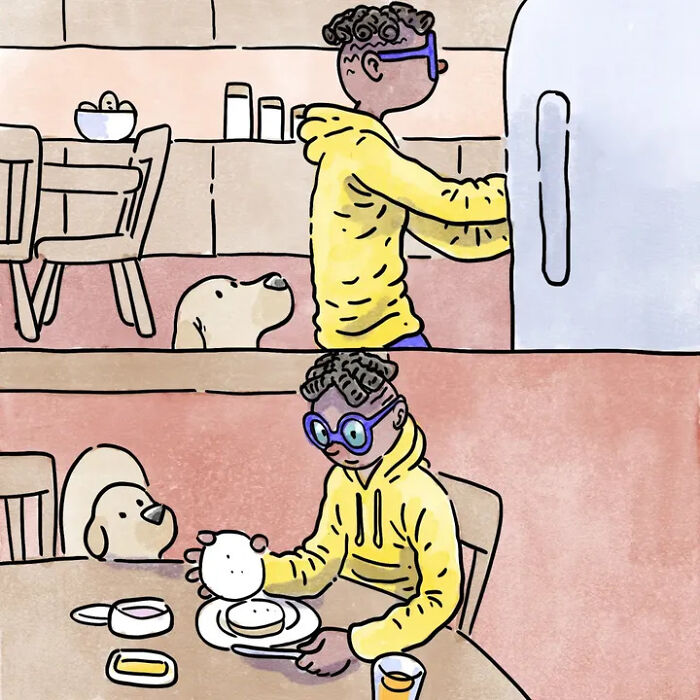 Heartwarming comics showing a person getting food from the fridge and a dog watching, then sharing a meal. Heartwarming comics showing a person getting food from the fridge and a dog watching, then sharing a meal.