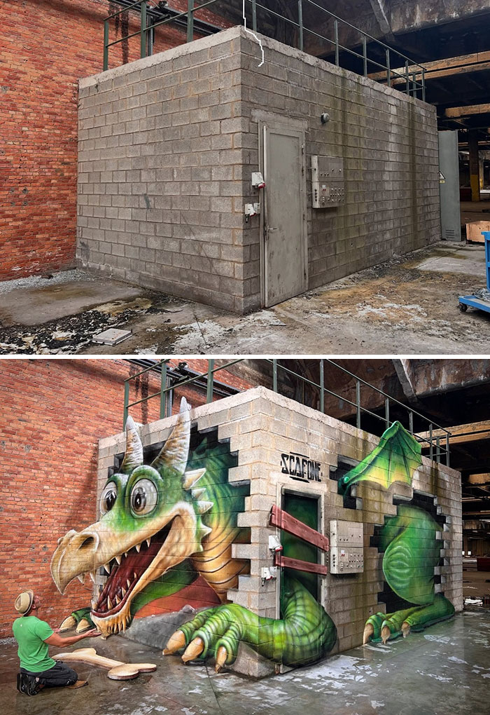 A French artist transforms ordinary walls into mind-bending 3D illusions, featuring a green dragon breaking through a brick wall.