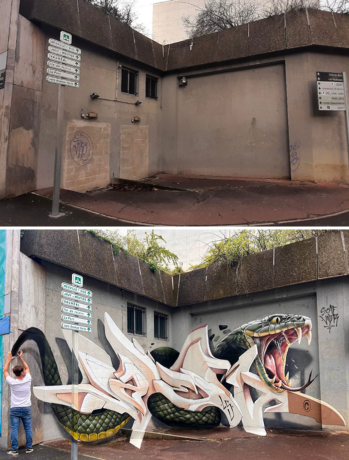 French artist's mind-bending 3D illusion featuring a large snake and abstract graffiti emerging from a corner wall.