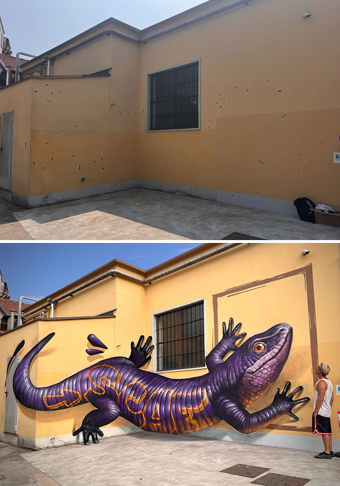 French artist creating a mind-bending 3D illusion of a purple lizard crawling on an outdoor wall.
