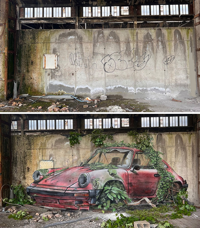 French artist's mind-bending 3D illusion of a vintage car overgrown with plants inside an abandoned building.