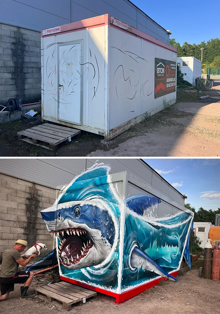 French artist creating a mind-bending 3D illusion of a shark bursting from a container, before and after.