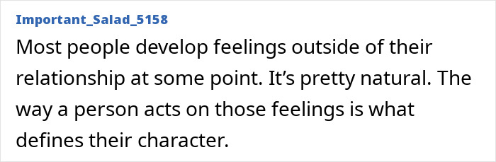 A social media user's comment on developing feelings outside a relationship and actions defining character.