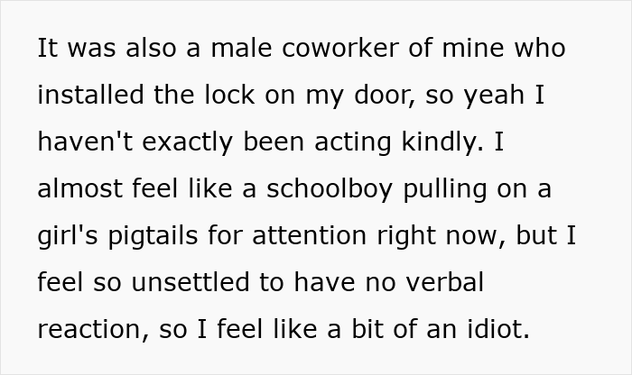 Text describing a coworker who installed a lock, relating to the man playing friends against each other. Text describing a coworker who installed a lock, relating to the man playing friends against each other.