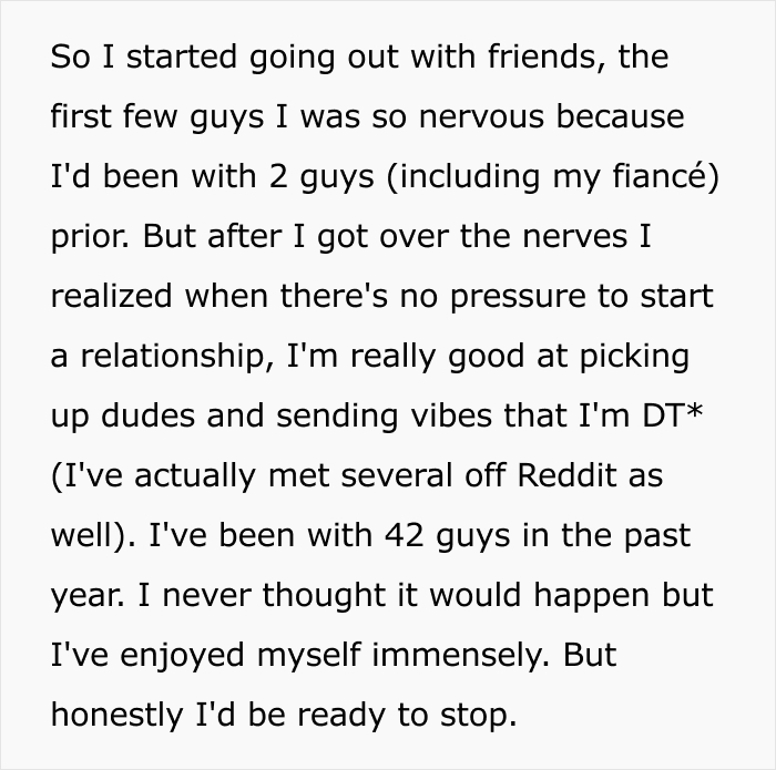 Screenshot of text detailing a woman's experience in an open relationship after her fiancé suggested it. Screenshot of text detailing a woman's experience in an open relationship after her fiancé suggested it.