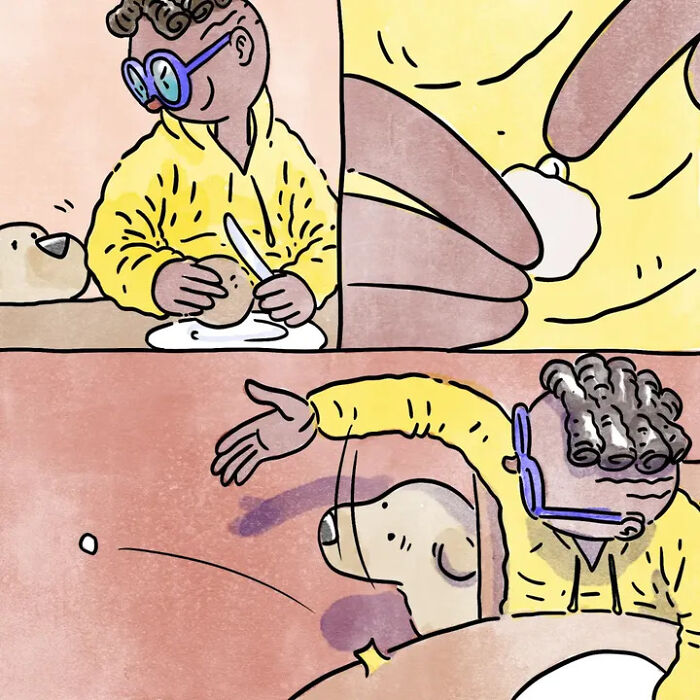 Comic panels showing person in yellow hoodie with pet dog capturing life with pets moments Comic panels showing person in yellow hoodie with pet dog capturing life with pets moments