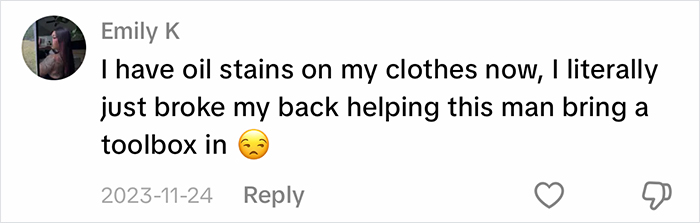A comment about blue-collar husbands causing oil stains. The trend highlights info women share about their blue-collar husbands. A comment about blue-collar husbands causing oil stains. The trend highlights info women share about their blue-collar husbands.