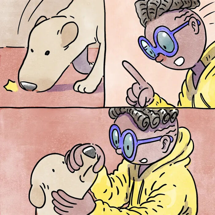 Person in yellow hoodie gently scolding and petting a dog in heartwarming pet comic Person in yellow hoodie gently scolding and petting a dog in heartwarming pet comic