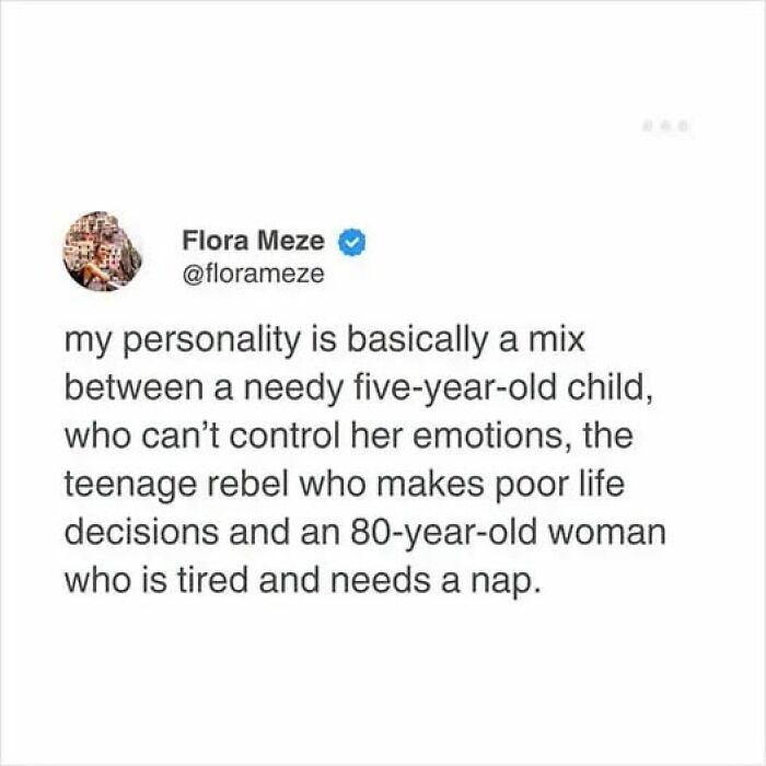 Funny tweet about personality mix: needy child, teenage rebel, and tired 80-year-old woman.