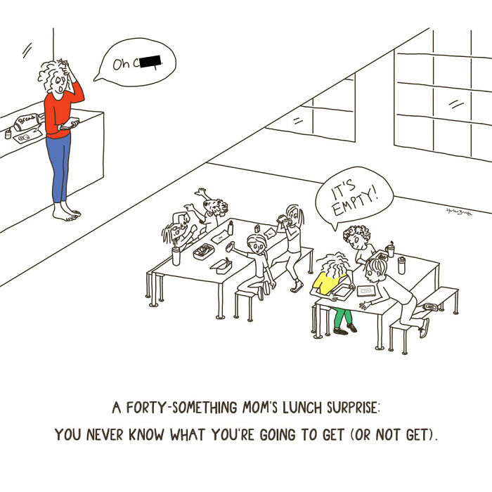 A parenting comic depicting a mom discovering her kids ate her lunch. Messy parenting.