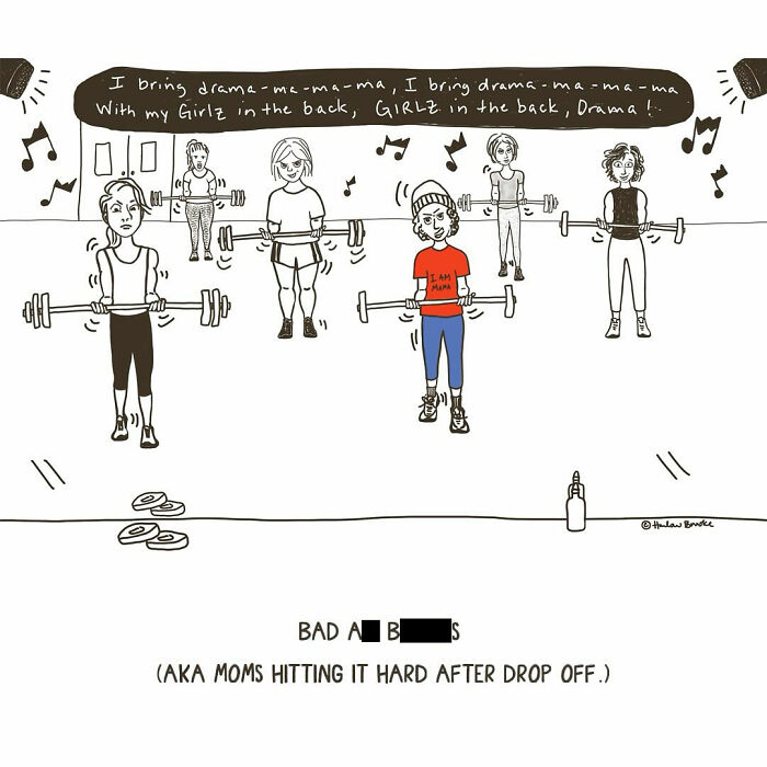 A parenting comic illustrating moms lifting weights at the gym. Relatable parenting.