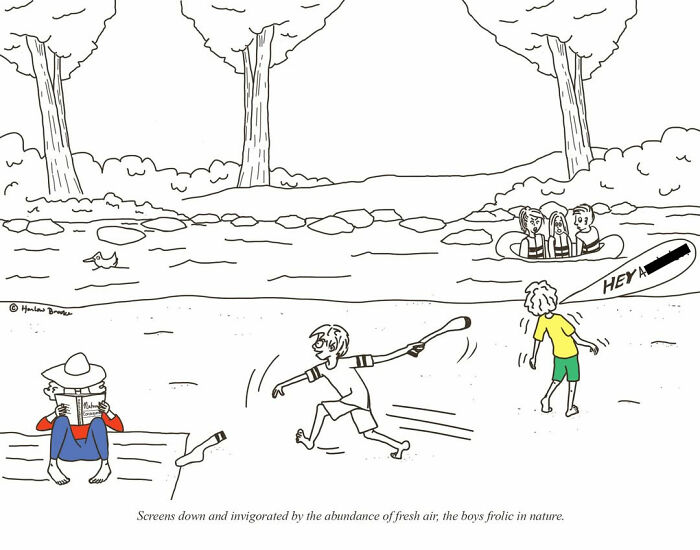 A parenting comic showing kids playing by a river with adults nearby. Parenting humor.