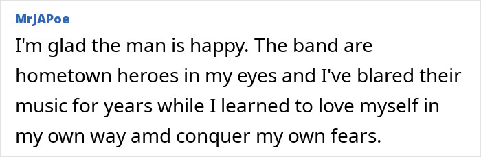 Screenshot of a comment about a rock star emerging unrecognizable after coming out as gay despite 14-year marriage.