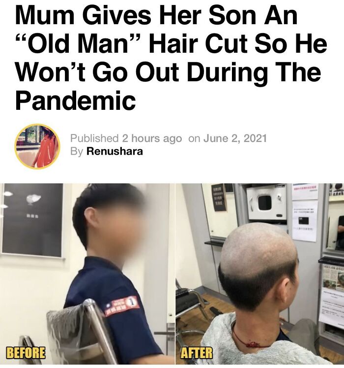 A mum gives her son an old man haircut to keep him home during the pandemic, a parent's wrong way to solve a problem.