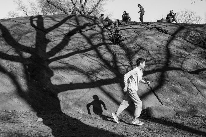 Best street photos from the Macadam Awards: A boy runs past a tree shadow on a rocky hill with people.