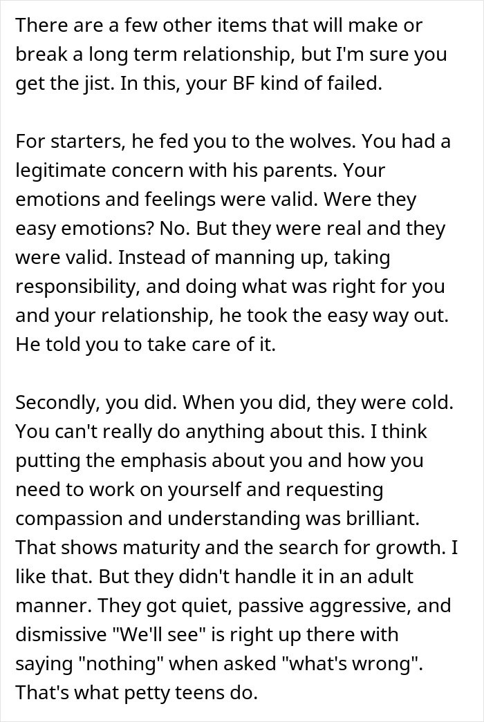 A detailed comment analyzing a boyfriend's family's cruel plan and its impact on the woman's dream and relationship. A detailed comment analyzing a boyfriend's family's cruel plan and its impact on the woman's dream and relationship.