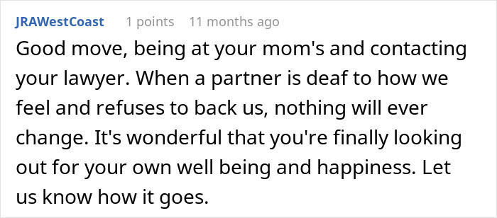 A comment supports a woman seeking a lawyer and prioritizing her well-being due to her husband's mom controlling their marriage. A comment supports a woman seeking a lawyer and prioritizing her well-being due to her husband's mom controlling their marriage.