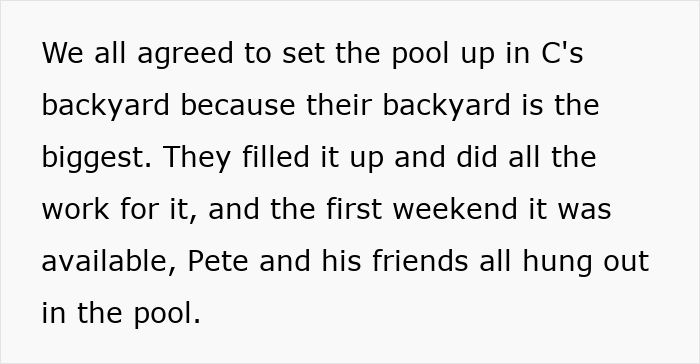 Text detailing setting up the pool in a backyard and friends enjoying it, despite the prior pool access issue. Text detailing setting up the pool in a backyard and friends enjoying it, despite the prior pool access issue.