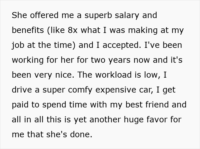 Text outlining a bestie's generous job offer, emphasizing salary and benefits to highlight the kind bestie. Text outlining a bestie's generous job offer, emphasizing salary and benefits to highlight the kind bestie.