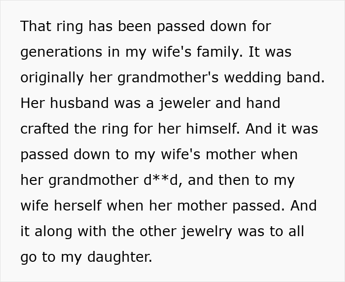 Text explaining the generations-old family heirloom ring, passed down through the wife's family. Text explaining the generations-old family heirloom ring, passed down through the wife's family.