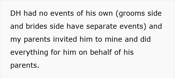A screenshot of text about the groom's parents not contributing to wedding events. A screenshot of text about the groom's parents not contributing to wedding events.