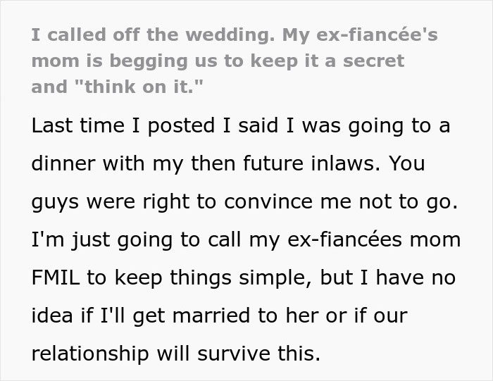 A screenshot of text about a bride calling off the wedding due to her future MIL and problem fiancée. A screenshot of text about a bride calling off the wedding due to her future MIL and problem fiancée.