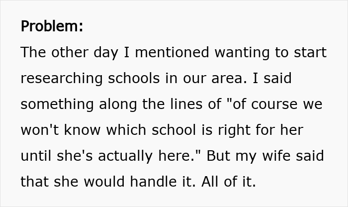 A screenshot of a text post detailing a problem about a mom wanting to research schools and her wife wanting to handle it.