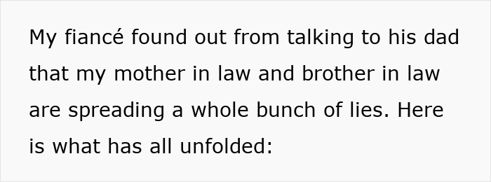 A screenshot of text about a wedding dispute, revealing lies spread by a mother-in-law and brother-in-law. A screenshot of text about a wedding dispute, revealing lies spread by a mother-in-law and brother-in-law.