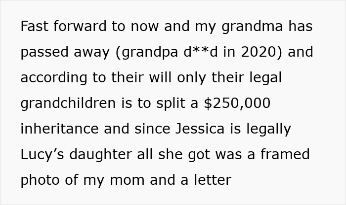 Text detailing a woman being adopted by stepmom and a brother refusing to give her inheritance. Text detailing a woman being adopted by stepmom and a brother refusing to give her inheritance.