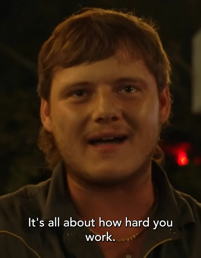 A working class man at a bar, stating It's all about how hard you work, emphasizing work ethic.