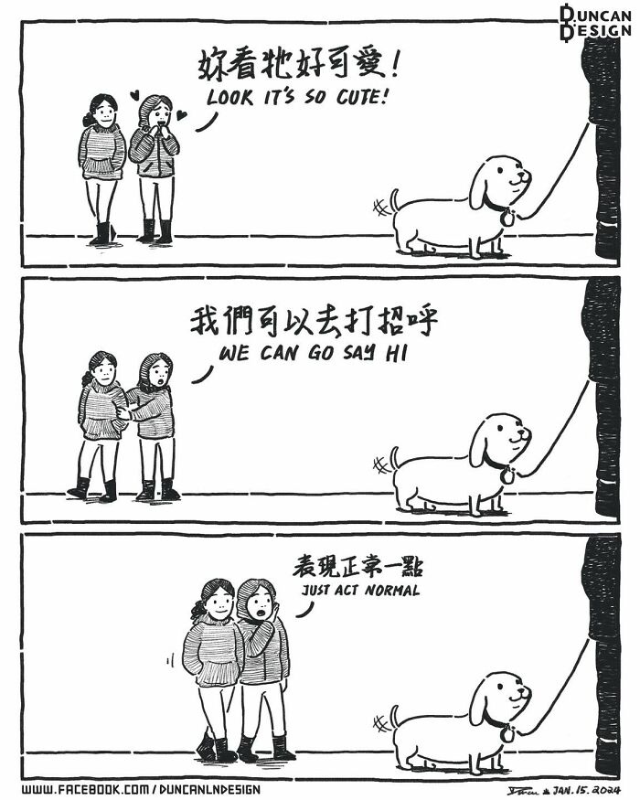 A relatable comic shows two women getting excited to approach a cute dog, then trying to act normal.