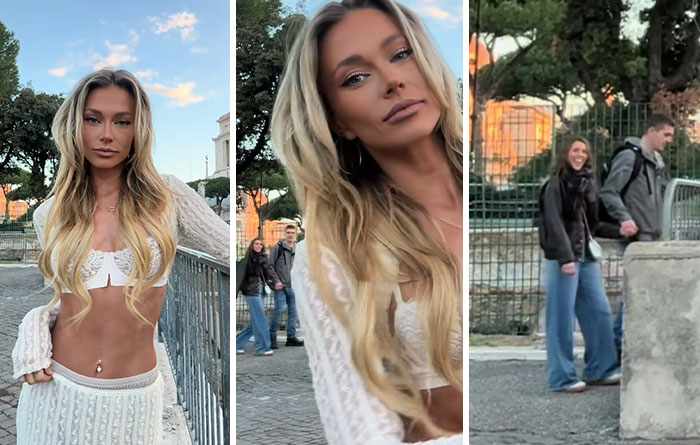 Influencer filming in public, Joey Swoll intervenes as people look on while filming. Influencer filming in public, Joey Swoll intervenes as people look on while filming.
