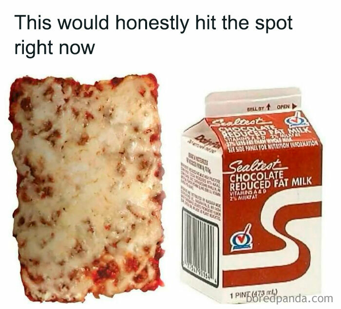 A slice of school pizza next to a carton of chocolate milk, a classic school lunch memory.
