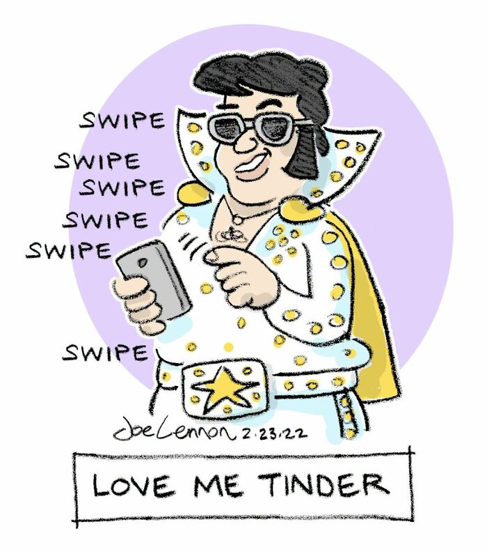 Joe Lennon comic featuring Elvis swiping on a dating app, a funny awkward moment in modern life.
