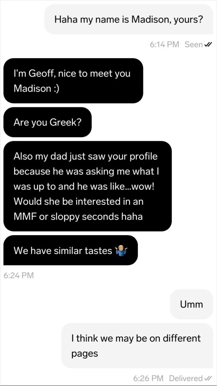 A wild and cringey online dating screenshot of a conversation where a dad makes inappropriate comments.