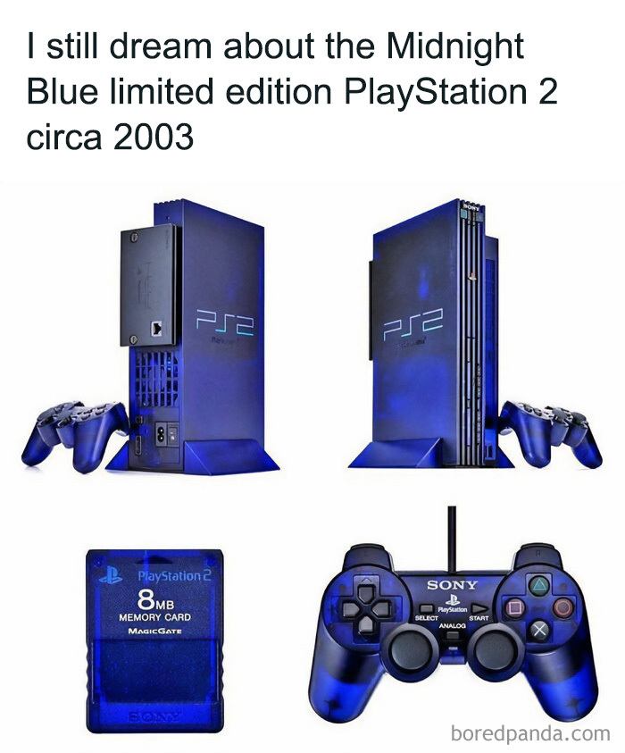 Midnight Blue limited edition PlayStation 2 console, memory card, and controller from 2003, evoking 90s and 00s nostalgia.