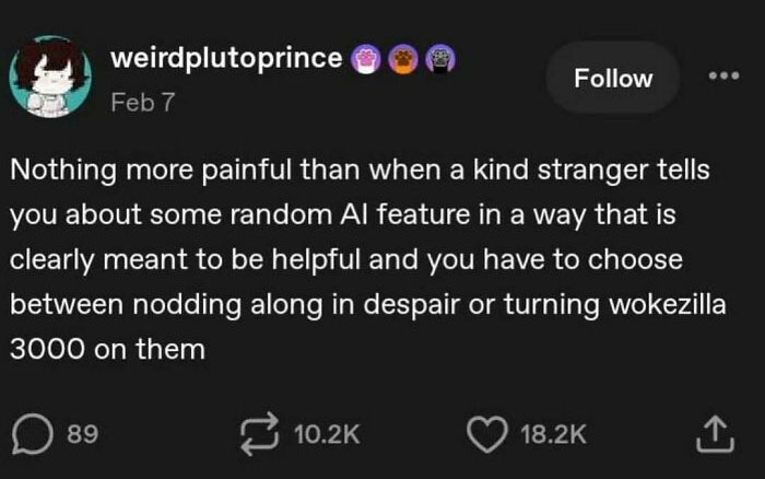A Twitter post about awkward AI conversations, a serotonin meme for comfort.