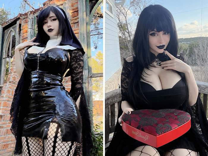 A Goth Baddie in a black latex nun outfit and another Goth Baddie in a black dress holding a heart-shaped box. A Goth Baddie in a black latex nun outfit and another Goth Baddie in a black dress holding a heart-shaped box.