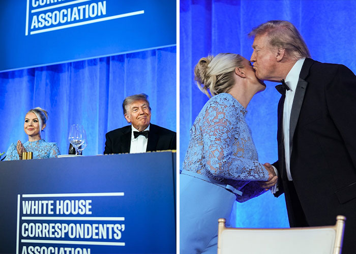 Karoline Leavitt as press secretary with former President Trump at a White House Correspondents' Association event.