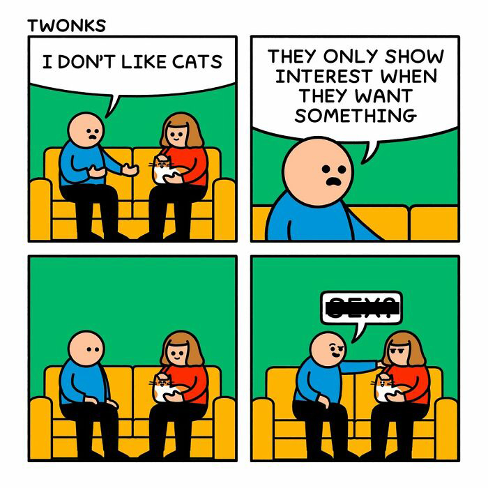 An absurd and funny cat comic by Steve Nelson where a man mistakes a cat's interest for something s****l.