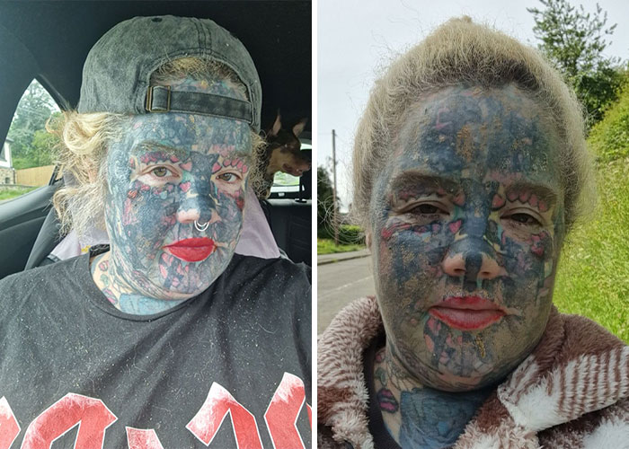 Two images of a mom with 800 tattoos revealing her face without the extreme look, in a car and outdoors. Two images of a mom with 800 tattoos revealing her face without the extreme look, in a car and outdoors.