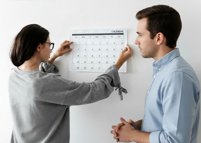 A couple looks at a calendar, considering the 72-hour rule to keep intimacy alive. A couple looks at a calendar, considering the 72-hour rule to keep intimacy alive.