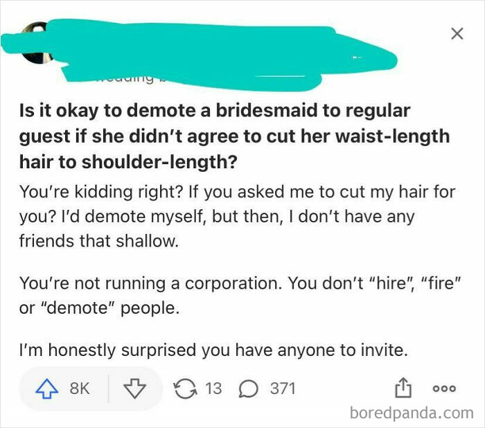 A screenshot of a post discussing demoting a bridesmaid for refusing a haircut, highlighting a bride's wedding day demands.