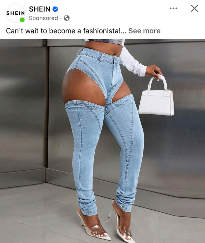 A woman wearing hilariously bad fashion crimes: light blue jeans with large cutouts on the thighs and clear high heels.