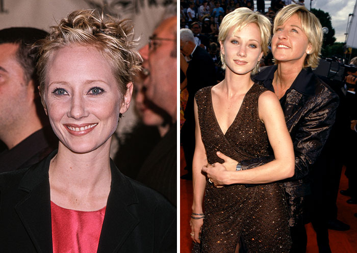 Hollywood star Anne Heche smiles in two images. She passed away suddenly after exposing inappropriate behavior behind-the-scenes.