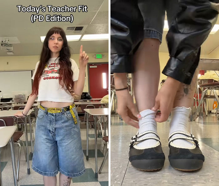A two-panel image showing a teacher's outfit of the day (OOTD) that sparked dress code controversy in a classroom. The left panel shows the teacher standing in a classroom wearing an 'OOTD' outfit. The right panel shows a close-up of her shoes and socks. A two-panel image showing a teacher's outfit of the day (OOTD) that sparked dress code controversy in a classroom. The left panel shows the teacher standing in a classroom wearing an 'OOTD' outfit. The right panel shows a close-up of her shoes and socks.