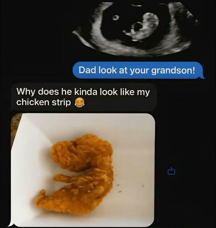 A text message exchange with a sonogram and a chicken strip, generating random jokes and humor.