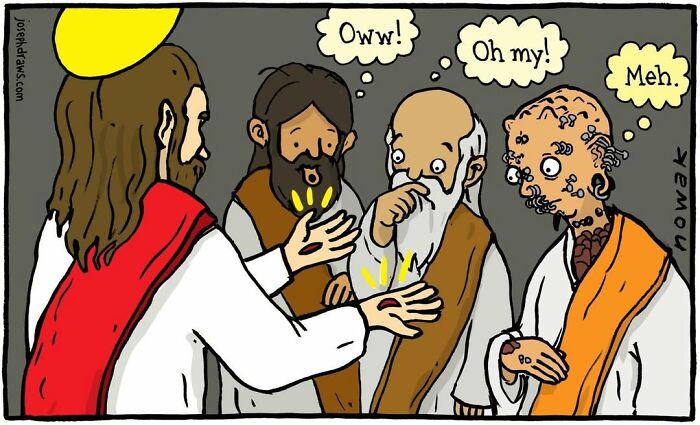 A comic of Jesus healing sick people, part of the best jokes by Joseph Novak.